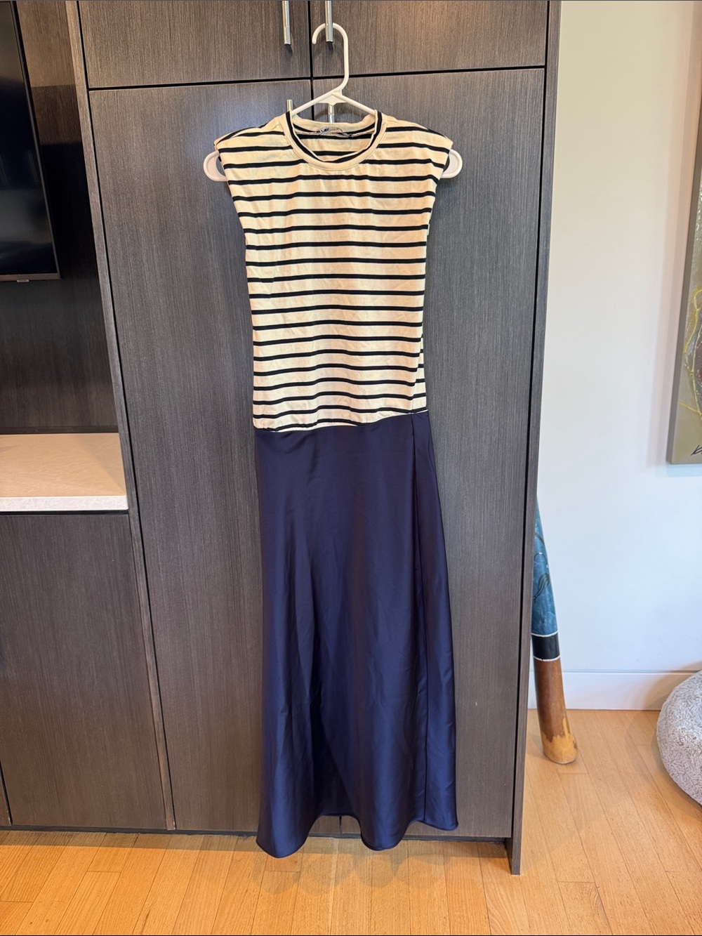 Zara ivory & Navy Striped Maxi Skirt Dress